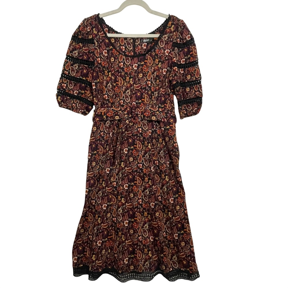 eShakti Size Large 12 Paisley‎ Burgundy Orange Floral Midi Dress Belted Pockets